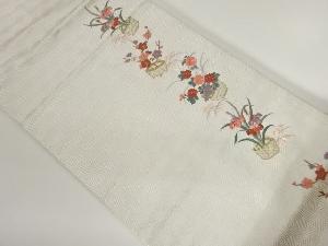 鉢植えに梅・花々模様刺繍名古屋帯